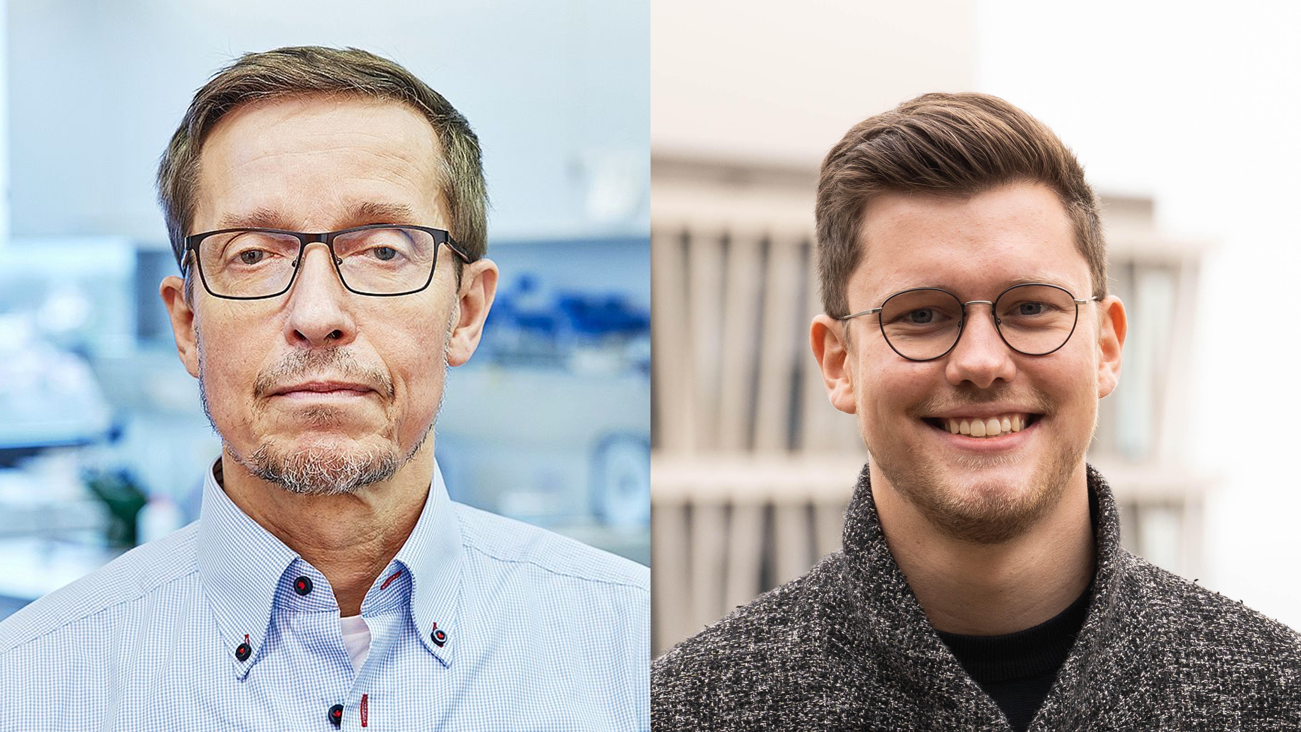 On the left is a portrait photo of a man with short hair and glasses wearing a light blue checked shirt; on the right is a portrait photo of a friendly, smiling young man with glasses and a beard.