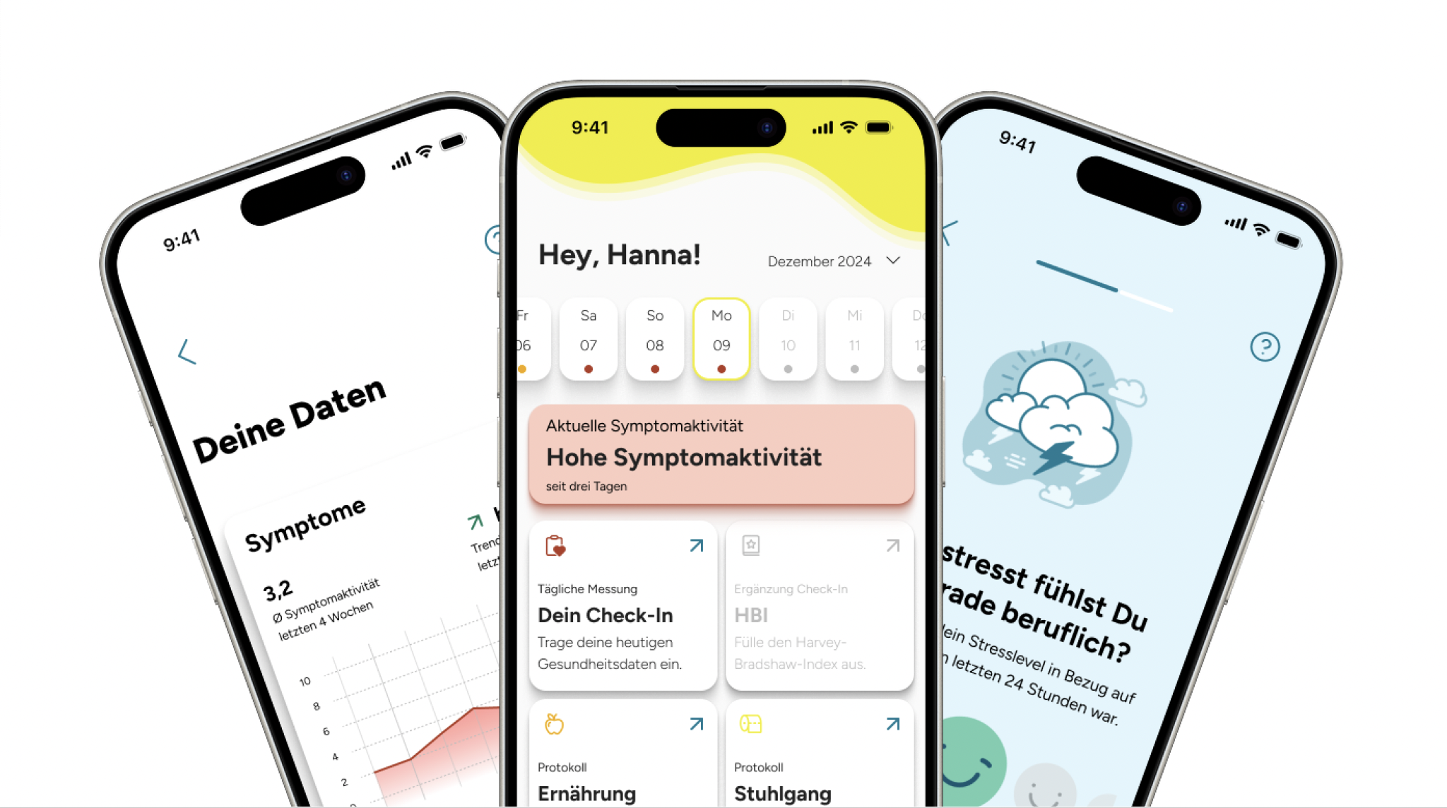 Weitere Grafik mit einer dargestellten App auf einem Handy, die „Hey Hanna“ anzeigt und darunter Wochentage und Informationen wie „Aktuelle Schubprognose: Hohes Schubrisiko“ und eine Funktion „Dein Check-In“, außerdem „Protokoll Ernährung“ und „Protokoll Stuhlgang“. Links sieht man einen Ausschnitt „Deine Daten“ mit Kurvenverlauf zu den Symptomen. Rechts sieht man oben einen Ausschnitt mit einem Wolken/Gewitter-Symbol und einer Frage „Wie gestresst fühlst Du Dich gerade beruflich“ mit einem Zeitfenster und einem lachenden Symbol.