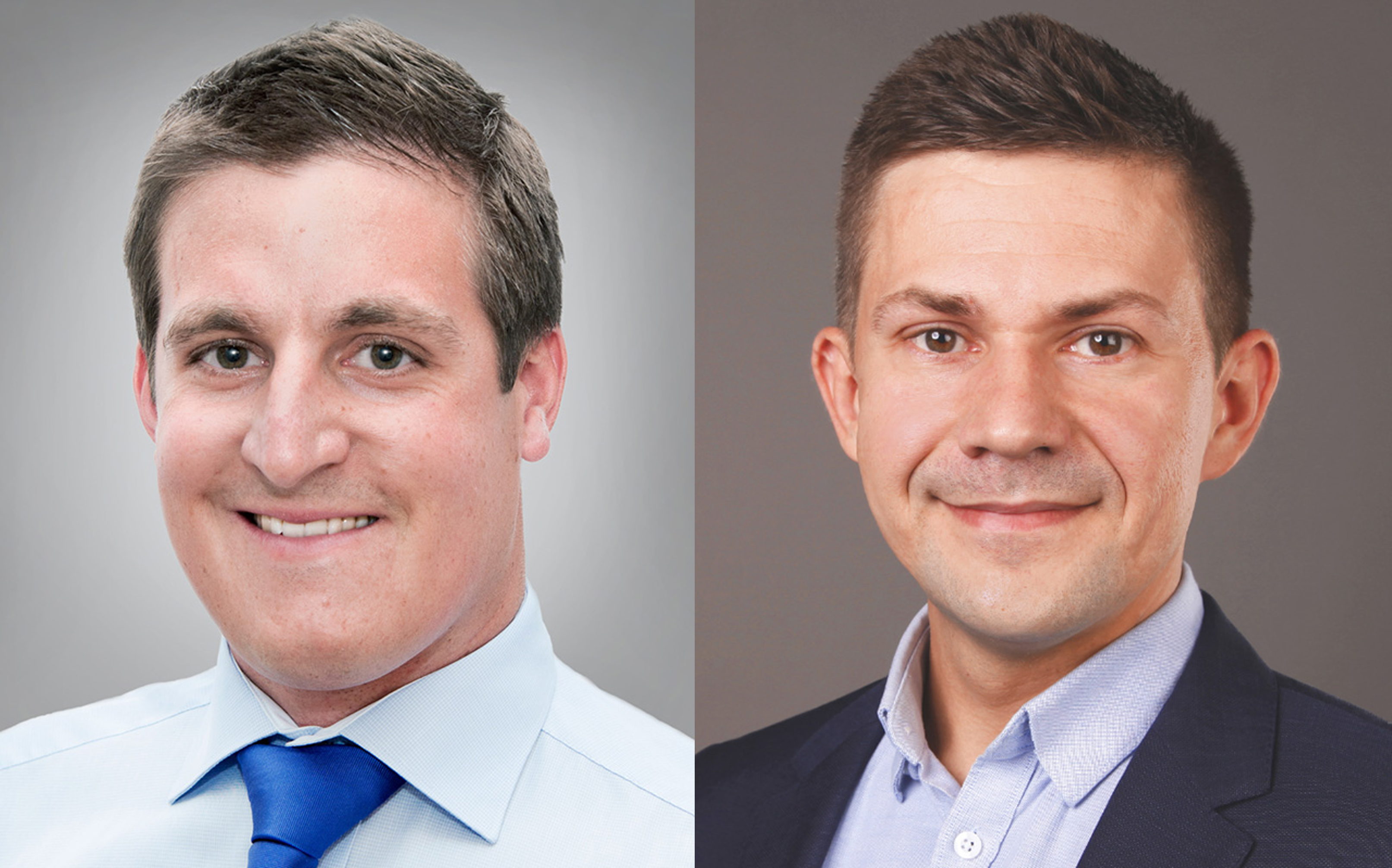 Portrait photos of two friendly smiling men with medium blond short hair.