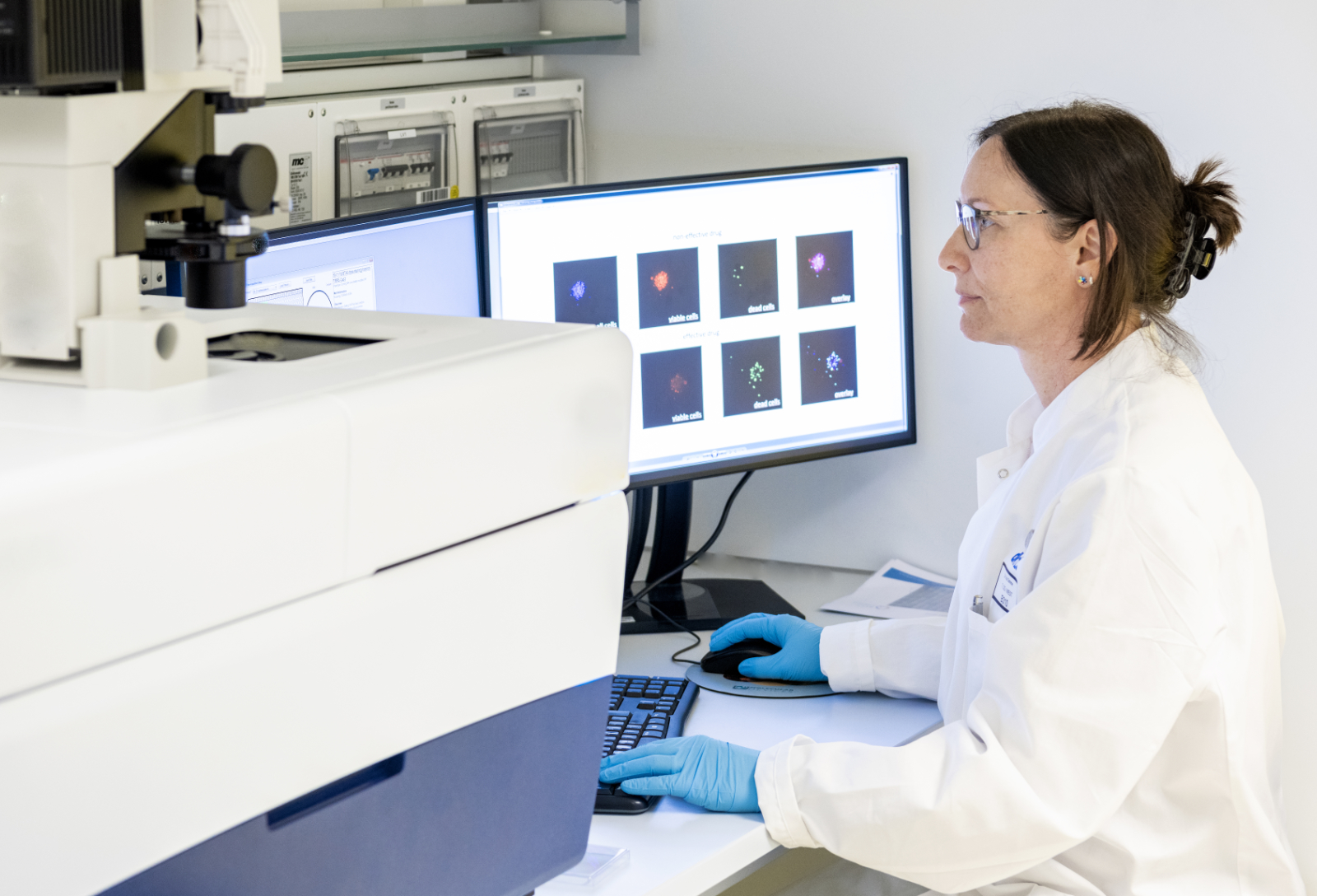 A woman in a white lab coat is sitting at a computer whose screen shows various miniature tumors after drug treatment.