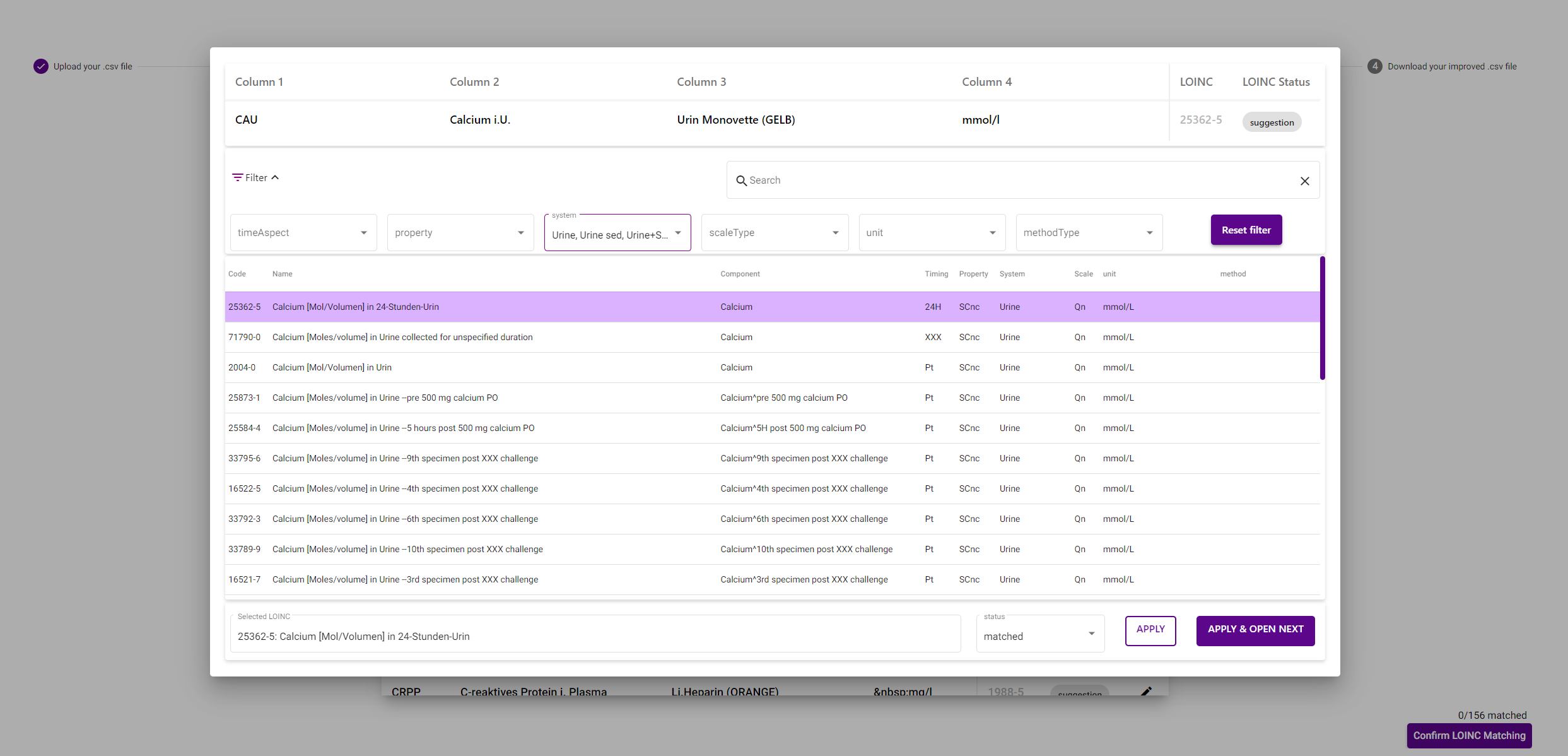 Software interface with different columns using calcium measurements as an example.