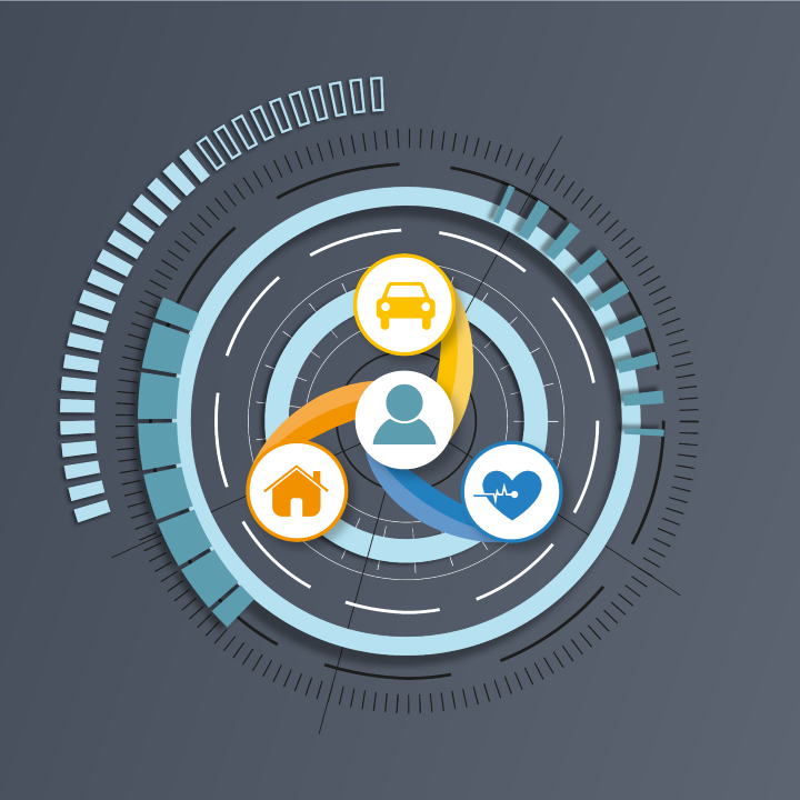 Graphic in which the various thematic lines of the performance centre are shown in a circle using symbols, e.g. the health thematic line as a heart with a graph of an ECG measurement.