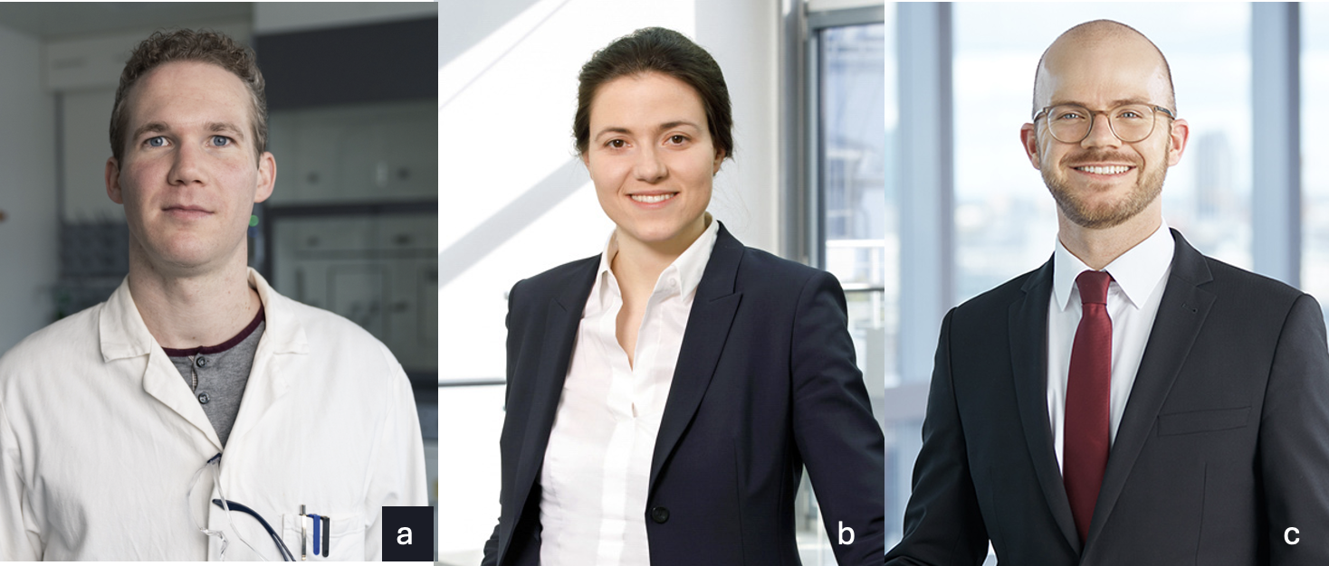 Das Bild ist eine Kollage. Links zu sehen ist Dr. Benjamin Wriedt, ein Mann im weißen Laborkittel. In der Mitte ist Dr. Andrea Sauter zu sehen, eine Frau im Blazer. Ganz rechts ist Kris Beutel zu sehen, ein Mann der einen Anzug mit Krawatte trägt. Alle drei lächeln freundlich in die Kamera.