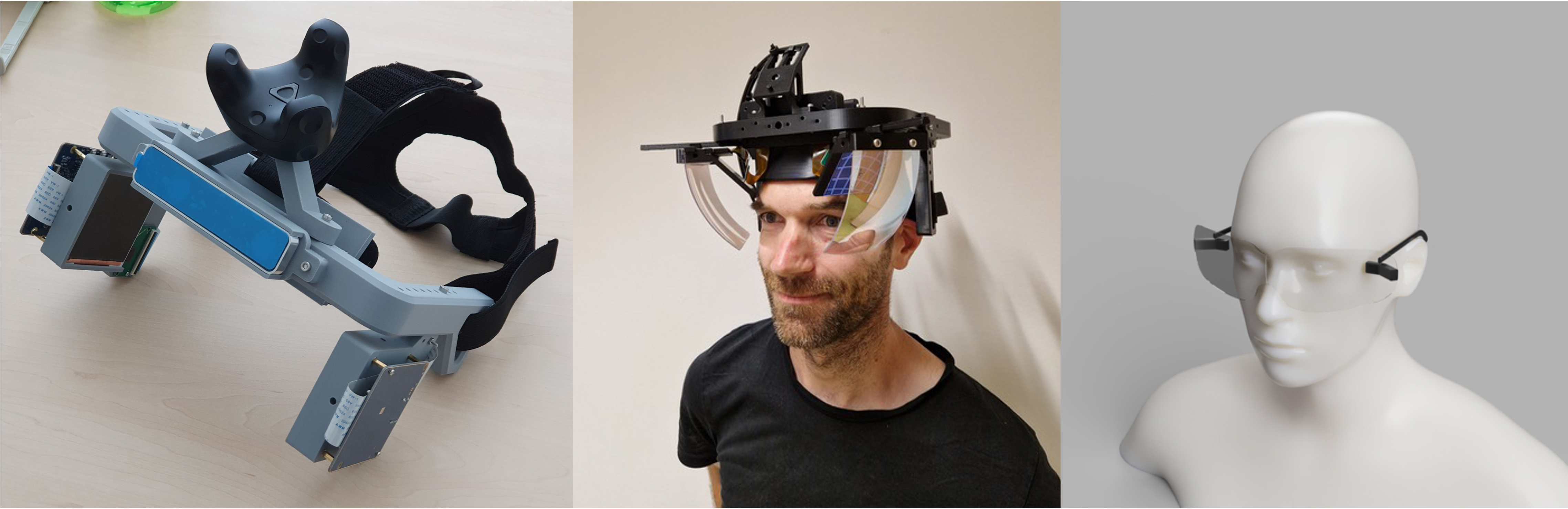 On the left, the first clunky model of AR glasses lying on a table, in the middle a man in a black T-shirt with a model of AR glasses on his head and on the right the minimalist future model of AR glasses on the head of a mannequin.