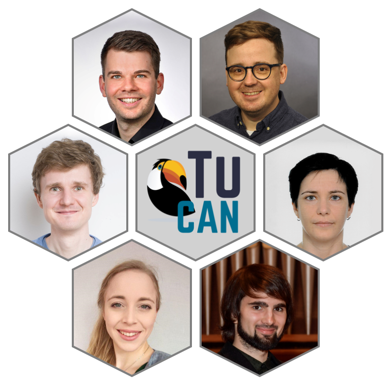 Honeycomb portraits of the six-member TuCAN team. In the centre is the project&#039;s logo.
