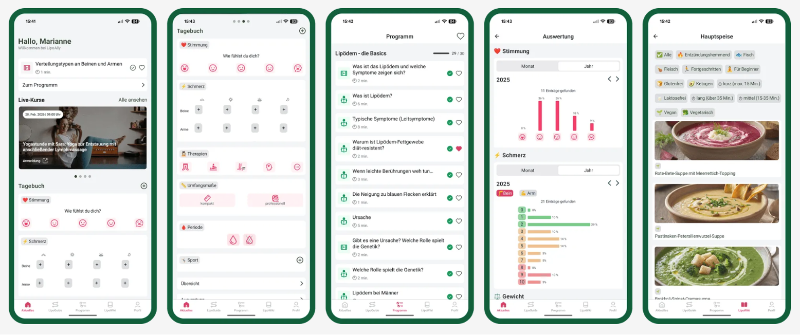 Es sind Screenshots des App LipoAlly zu sehen.