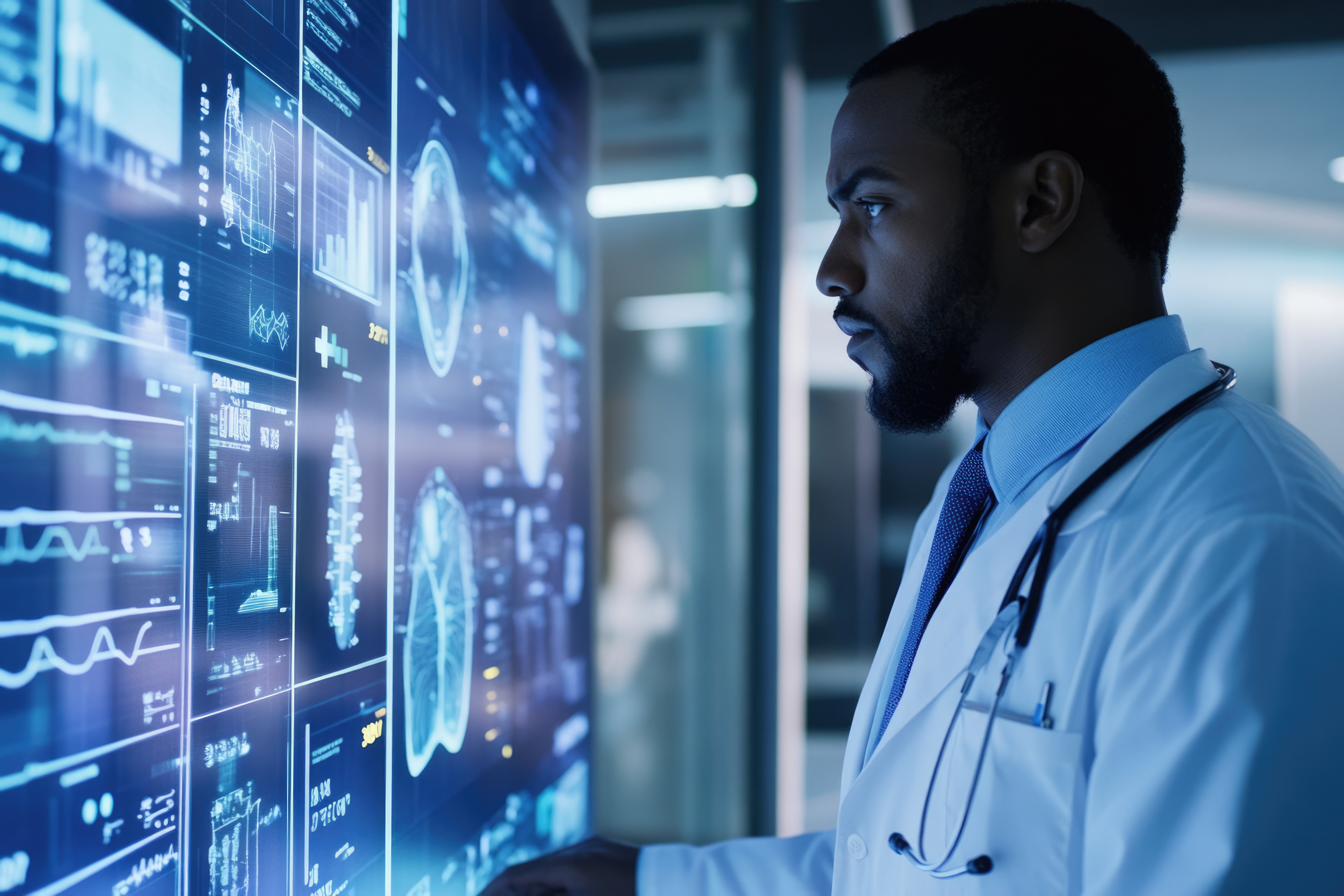 A doctor is standing in front of a large screen displaying a vast amount of digital data.