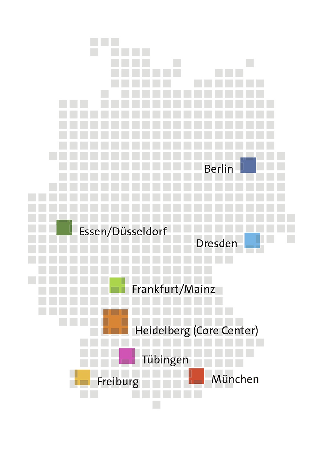 Map showing the eight partner locations of the German Cancer Research Consortium (DKTK)