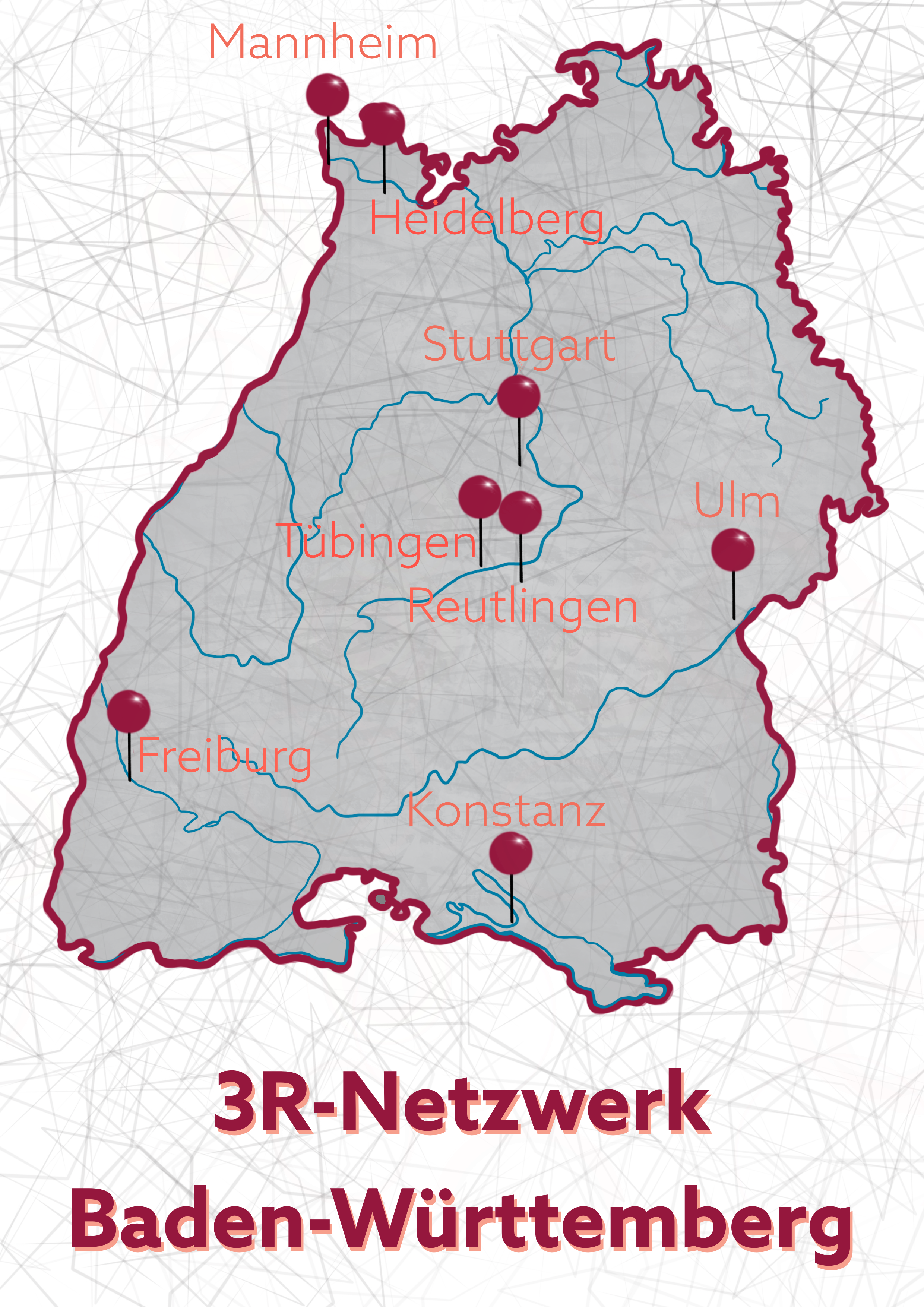 Die Grafik markiert die acht Standorte des 3R-Netzwerks in Baden-Württemberg: Mannheim, Heidelberg, Stuttgart, Reutlingen, Ulm, Freiburg und Konstanz.