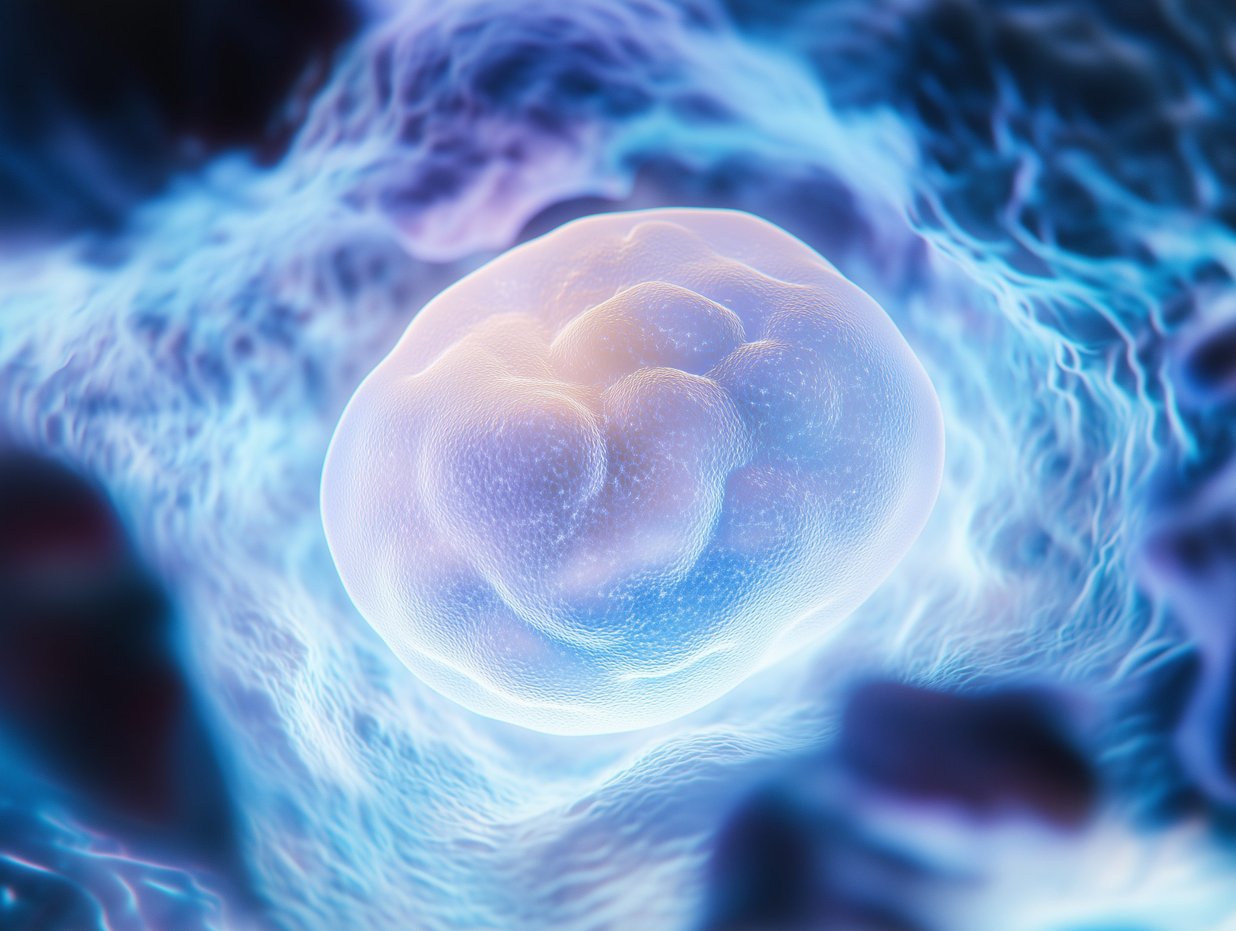 microscopic image of an embryo at a very early stage, created using artificial intelligence, in which no structures are yet recognisable.
