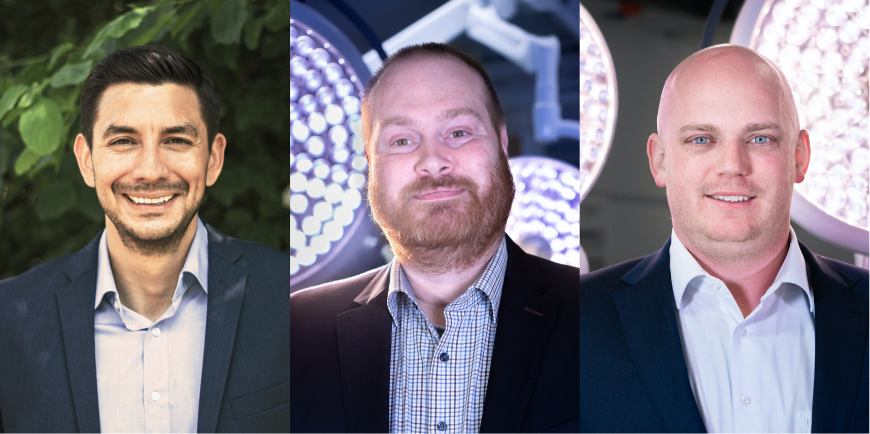 Portrait photos of three men in jackets and shirts, on the left a man with dark hair and three-day beard in front of a green hedge, in the middle a man with half bald head and reddish-blond hair in front of OR lights and on the right a bald man also in the operating theatre