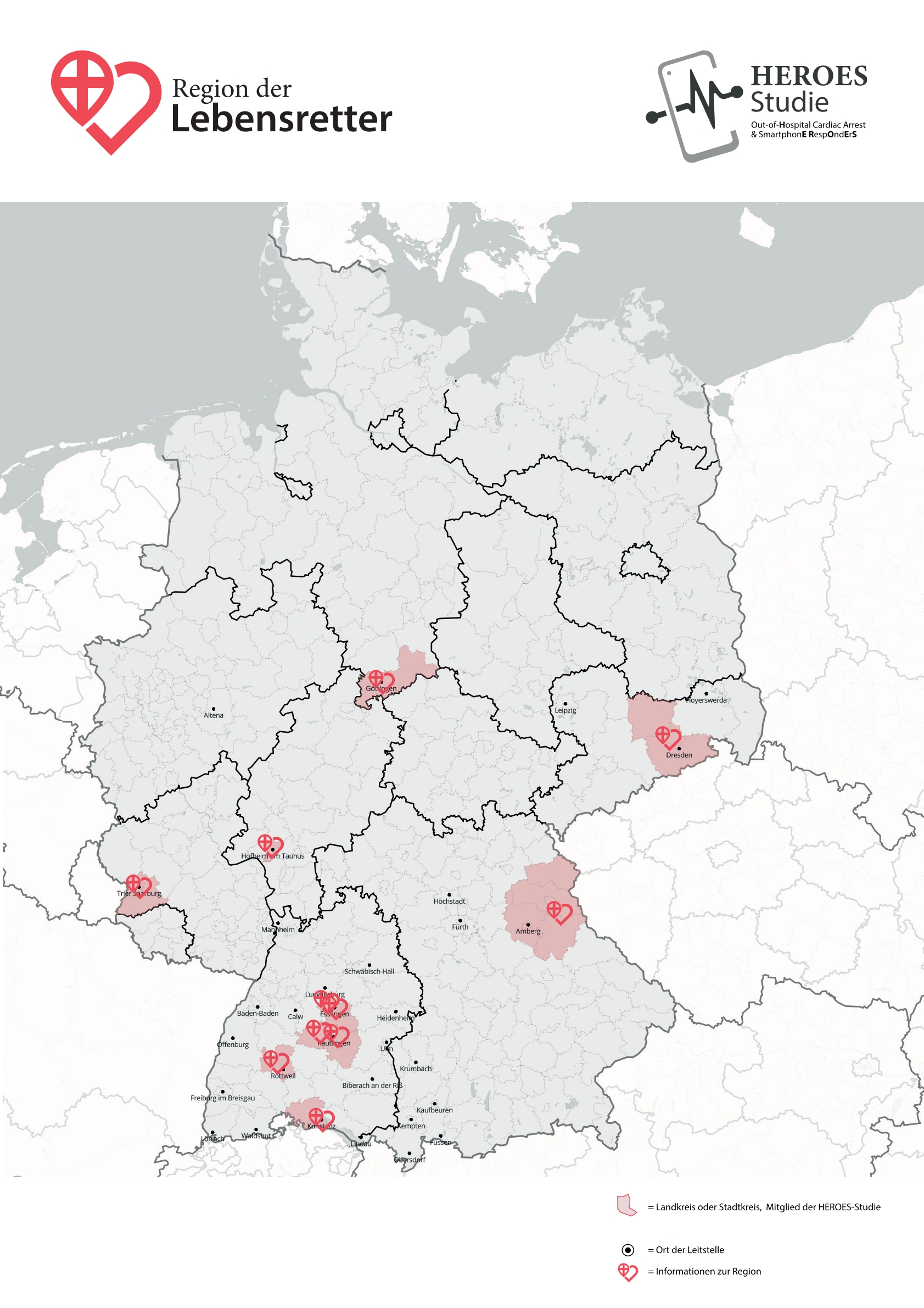 The 11 participating regions are marked in red on a map of Germany.