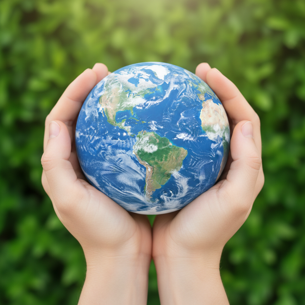 Hände halten die Erdkugel behutsam.