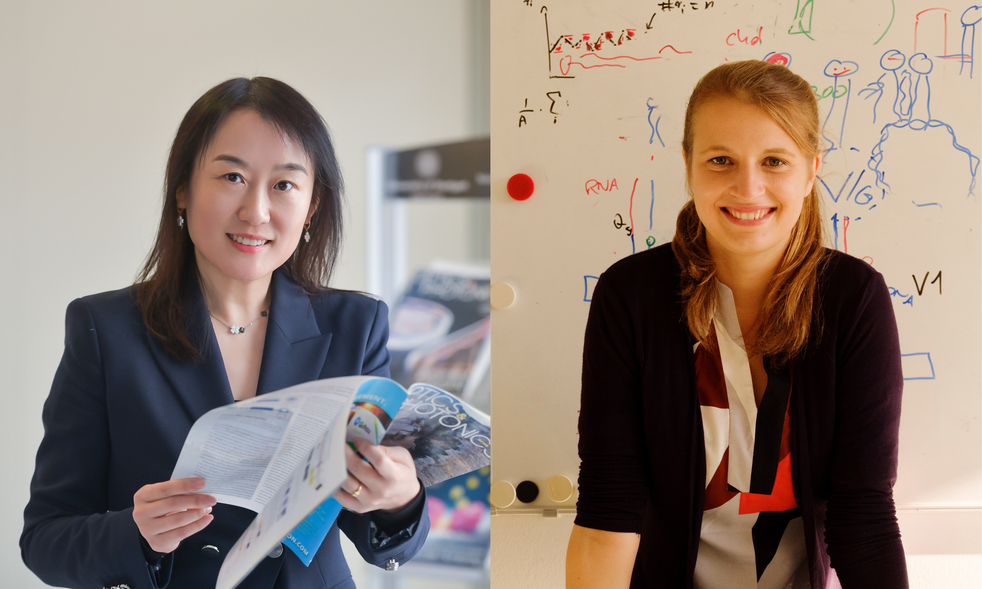 On the left, a portrait of a young woman in a blue blazer with long dark hair holding a magazine; on the right, a portrait of a young woman with long blond hair in front of a whiteboard labelled with sketches.