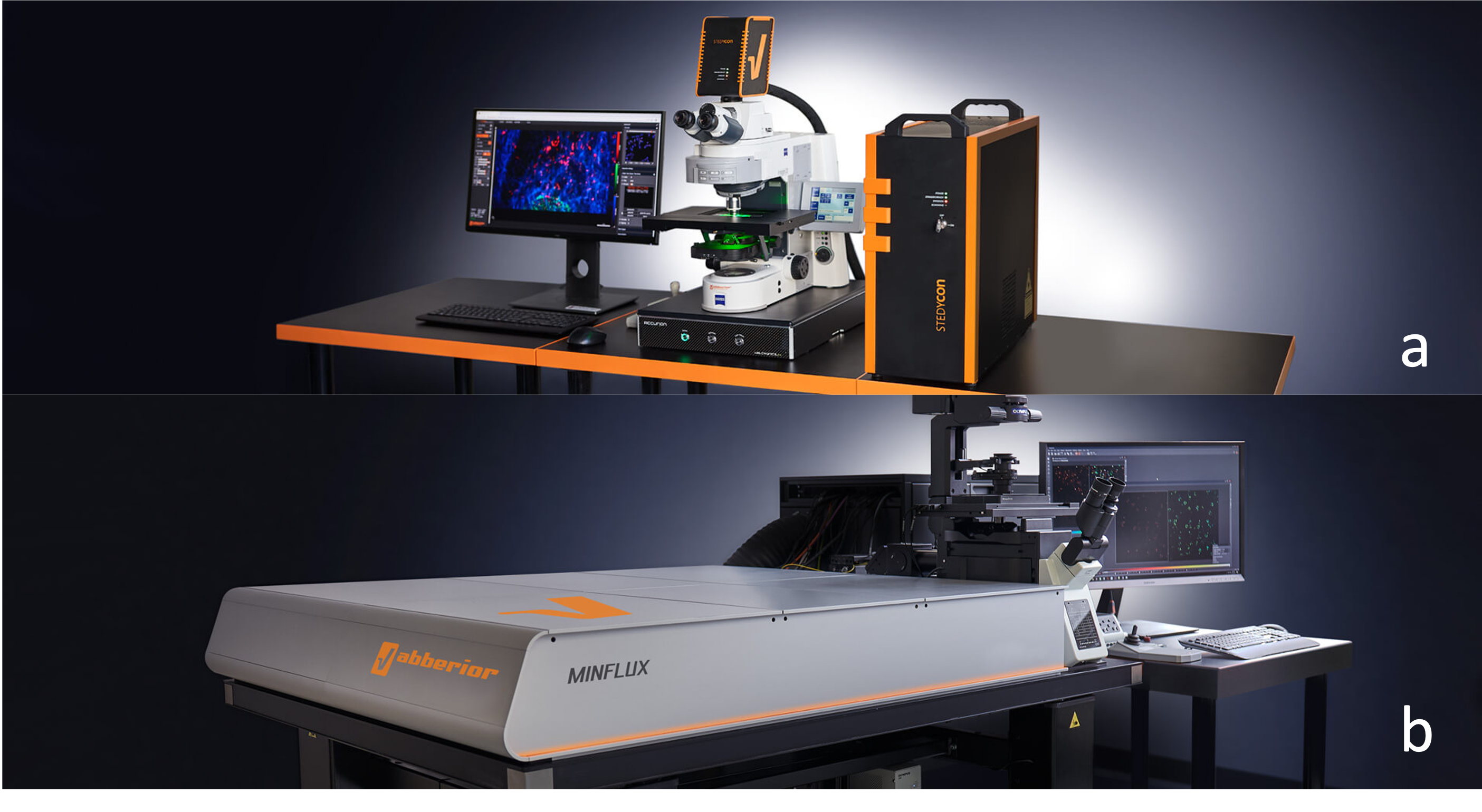 The top picture shows a common microscope with a screen on the left and an upright, shoebox-sized black box to the right. The lower picture shows a large, flat device with a state-of-the-art microscopy unit and a screen to the right.