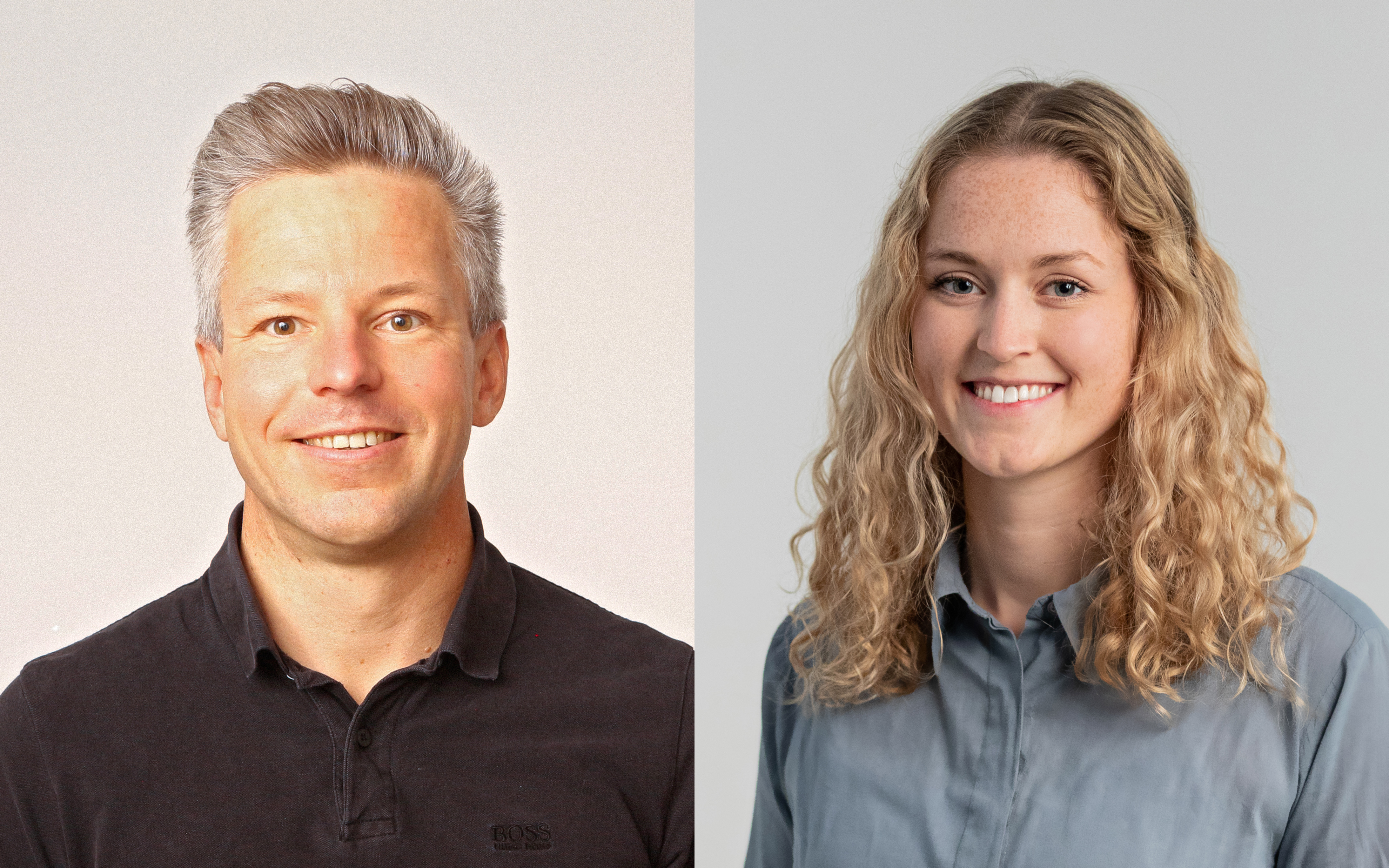 On the left the portrait of a friendly, smiling, middle-aged man with short, graying hair, on the right a portrait of a young woman with long, blond, curly hair.