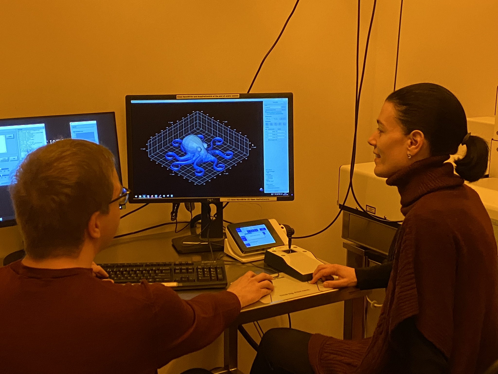 Professor and staff sitting in front of a computer screen on which an octopus has been modelled three-dimensionally in a grid.