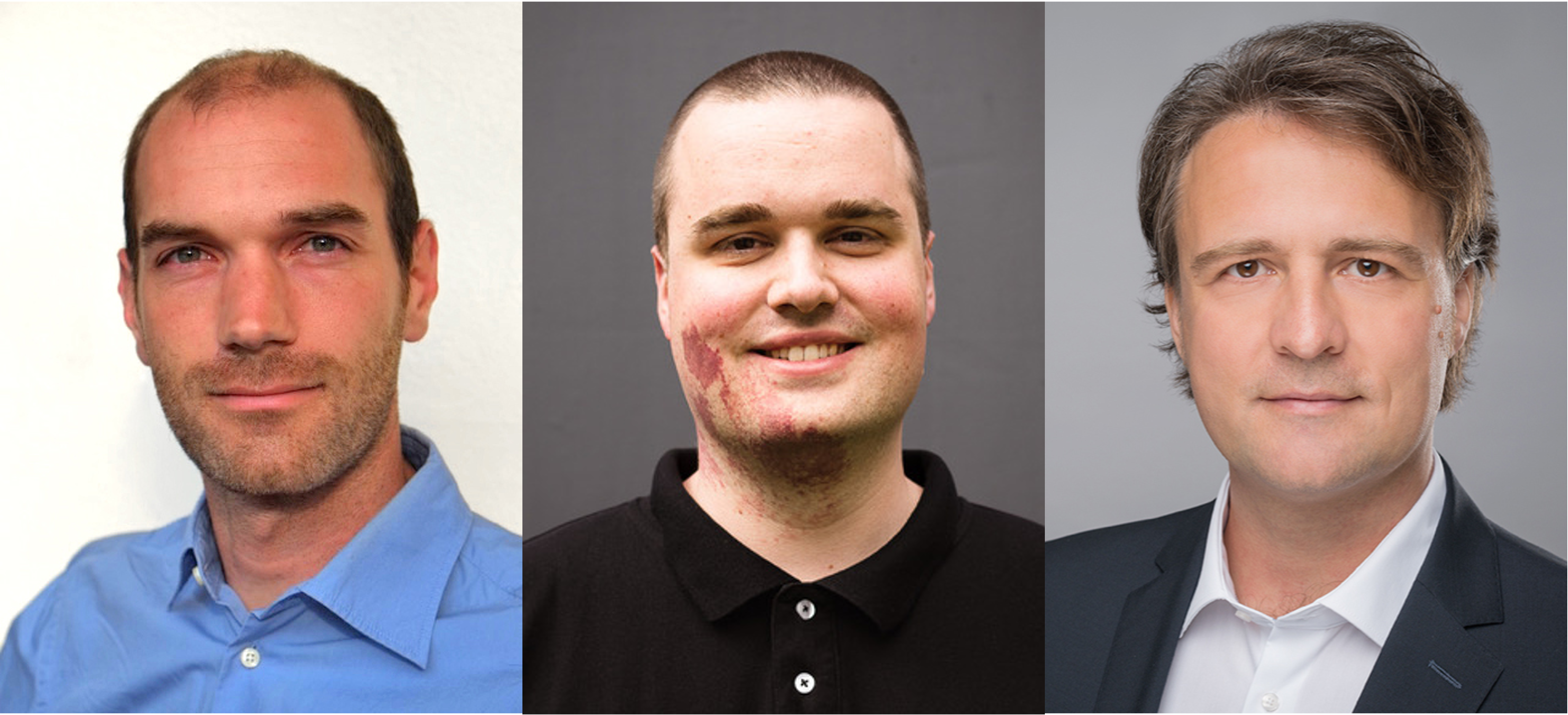 On the left is a portrait of a middle-aged man in a blue shirt, in the centre is a young man with very short hair in a dark polo shirt, and on the right is a middle-aged man in a white shirt and jacket