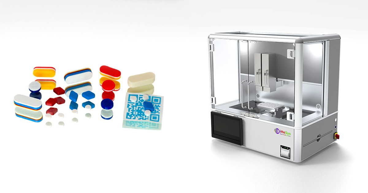 The picture on the right-hand side shows a large stainless steel box glazed at the front, inside of a which a 2D and 3D pharmaceutical printer is located. On the left-hand side, there are examples of printed pharmaceuticals of various colours and shapes.