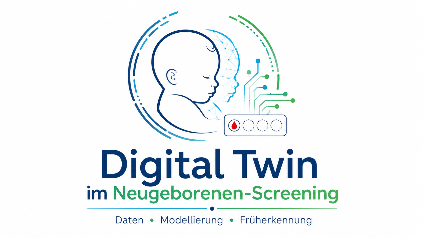 Ein Bild in den Farben blau und grün, das in der Mitte den Kopf eines Babys zeigt. Darunter eine Karte mit einem Blutstropfen und Verschaltungen eines neuronalen Netzes einer KI.
