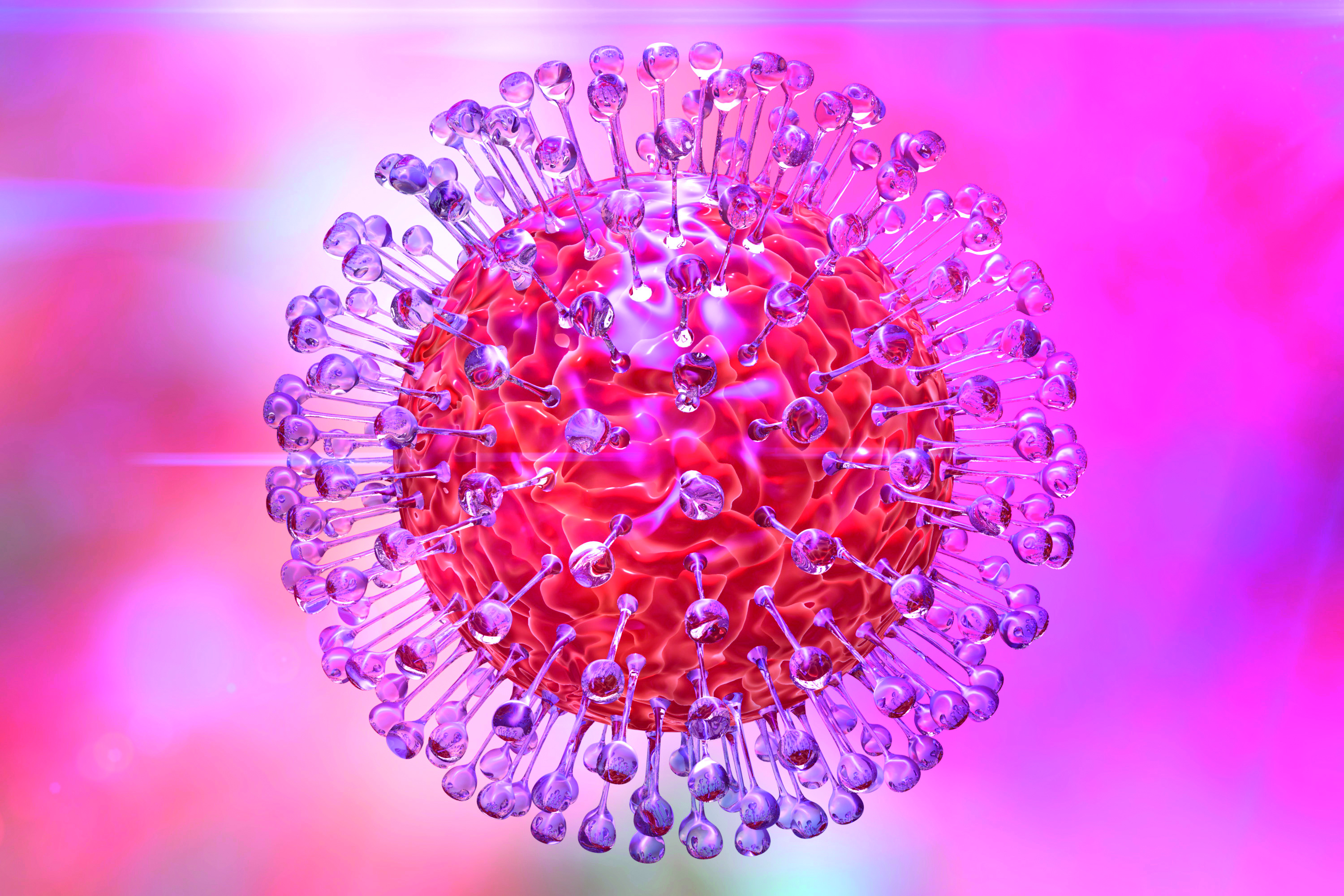 Das Bild zeigt ein rot leuchtendes Virus mit einer Vielzahl sog. Spikes, Symbolbild