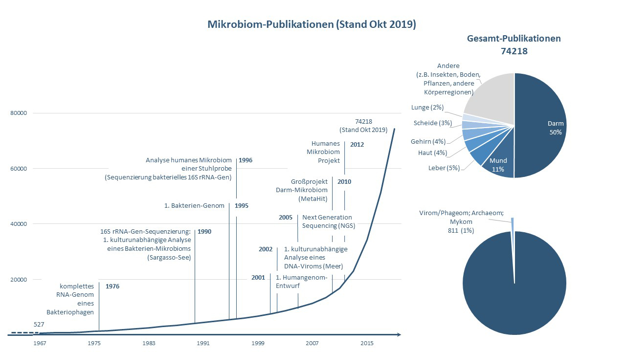 Ein Liniendiagramm zeigt den Anstieg der Mikrobiom-Publikationen bis Oktober 2019 und markiert wichtige historische Durchbrüche auf dem Gebiet. In einem Tortendiagramm ist zu sehen, dass die Hälfte aller Publikationen zum Darmmikrobiom veröffentlicht worden sind. Ein weiteres Tortendiagramm illustriert, dass lediglich ein Prozent der Publikationen sich mit den nicht-bakteriellen Mitgliedern des Mikrobioms beschäftigen.