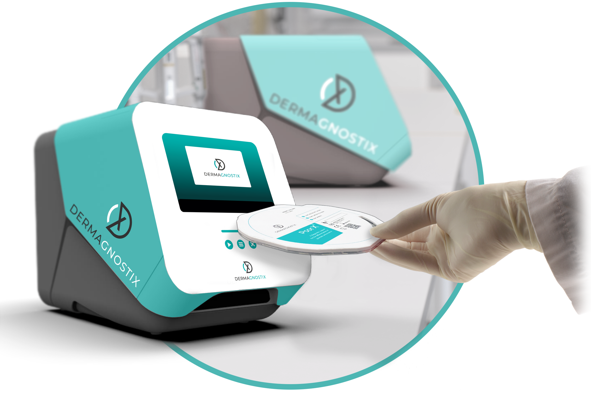 Photo showing an analyser and a hand with a laboratory glove inserting a plastic disk into the device.