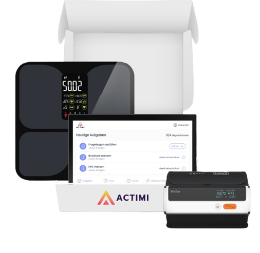 The photo shows a body scale and the user interface of the app on the tablet. Furthermore, a bag and the ECG measuring device can be seen.