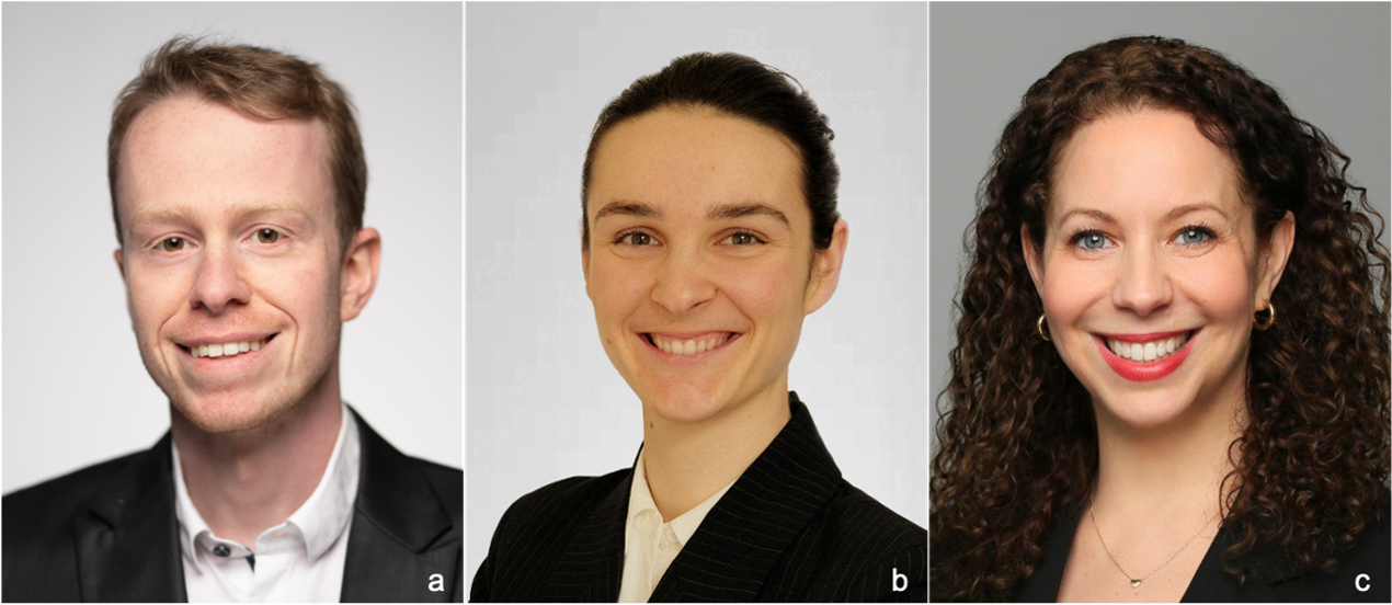 Three portrait photos show a young man with short hair, a young woman with dark hair tied back, and another woman with dark, medium-length curls. All of them are smiling at the camera.