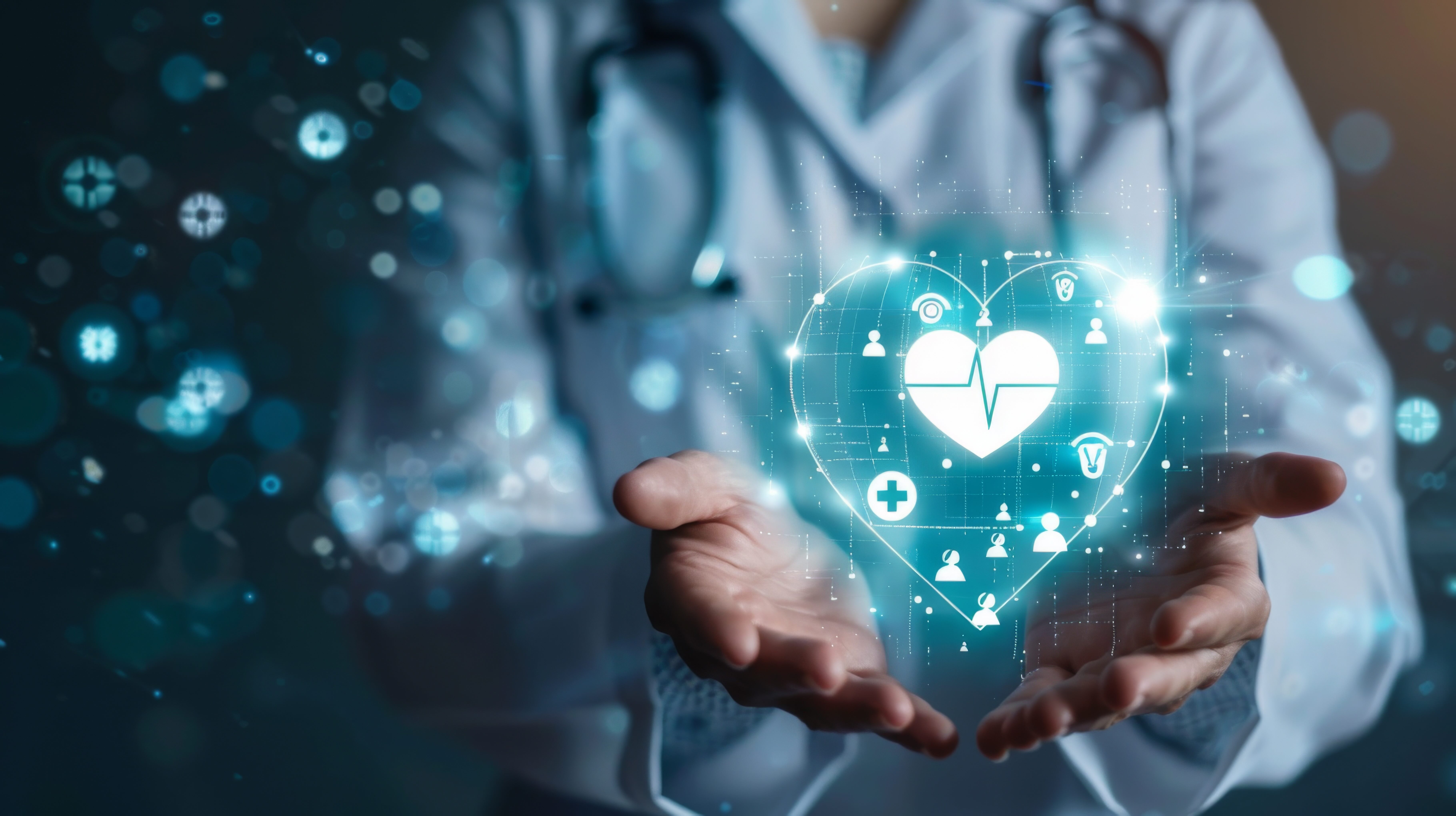 The image shows the upper body of a person wearing a lab coat and a stethoscope, with a heart drawn in their open hands, featuring medical symbols.