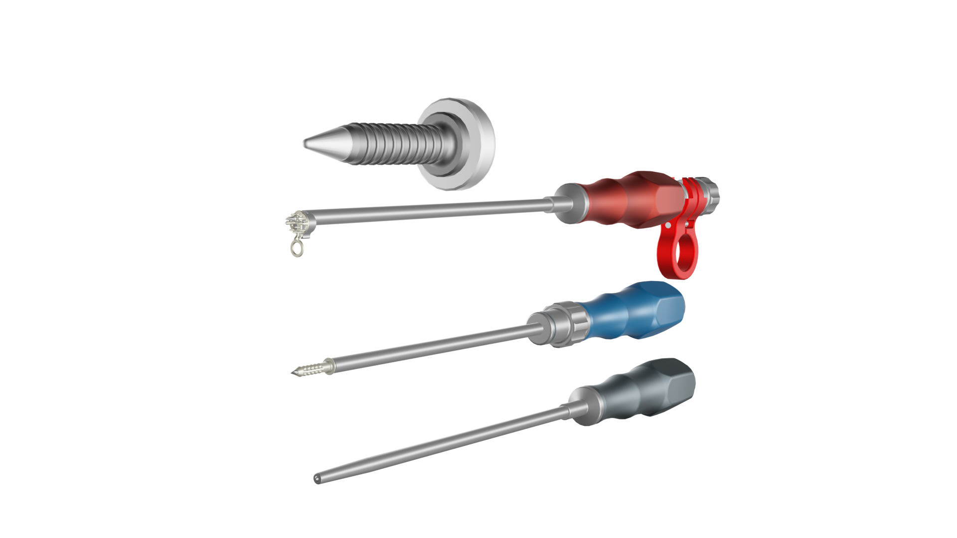 Instrument set of three screwdrivers with colourful handles and a silver-coloured screw
