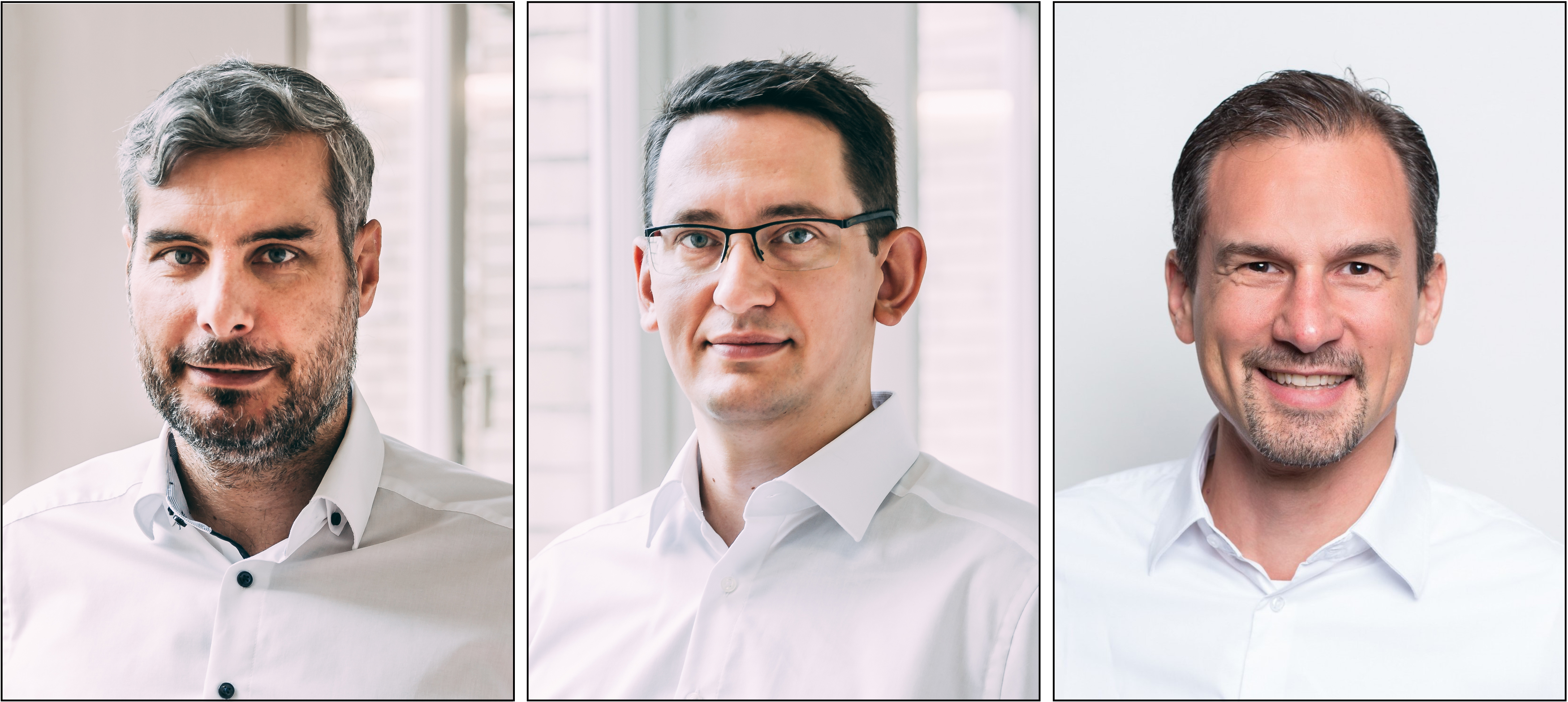Portrait photos of the three founders of Thericon. On the left, a man with short, slightly graying hair and a full beard; in the middle, a man with short dark hair and glasses; and on the right, a friendly smiling man with short dark hair and a short beard.
