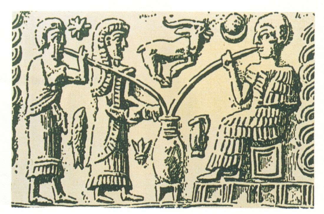 Sumerische Biertrinker mit Saugrohren, ca. 3.000 v. Chr.