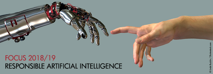 Human and a robot arm whose index fingers are touching each other.