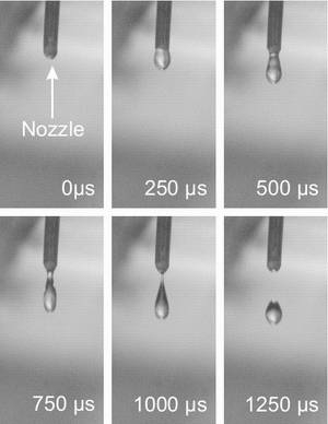 The figure shows six black and white photos showing how a droplet is released from the pipette tip.