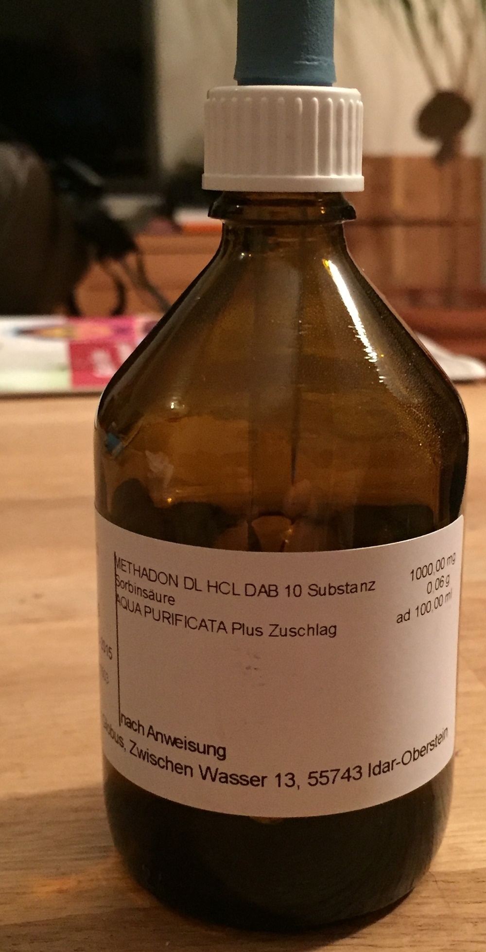 Photo showing a bottle with methadone.