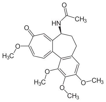 Formula of colchicine. Colchicine is used to treat gout. The alkaloid inhibits mitosis.