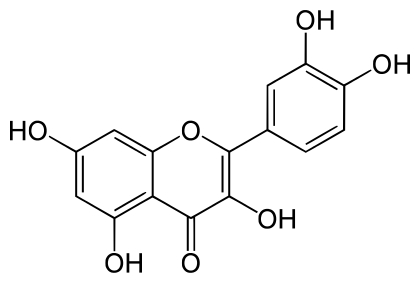 Formula of quercetin. In mammals and humans, quercetin is a radical scavenger and has an anti-tumour effect.