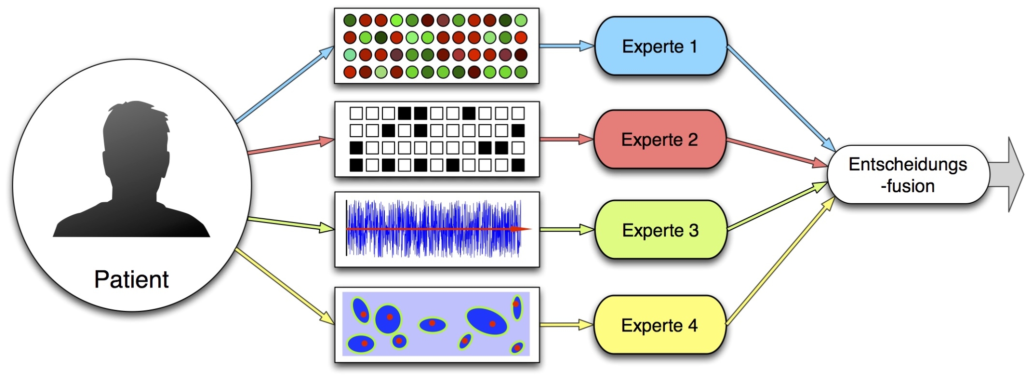 Schematic showing how data of a patient from different sources such as imaging and molecular diagnostics along with expert comments are combined and used for making a decision.