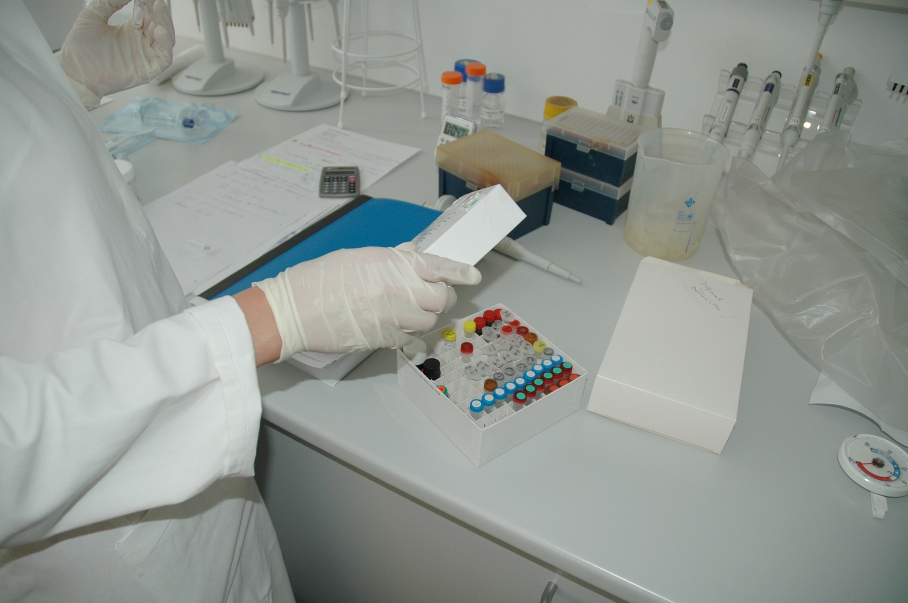 View of a laboratory work place with a broad range of laboratory utensils in which a person (on the left, wearing a white lab coat) is working with frozen samples.