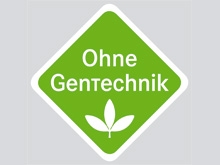 Hellgrünes rautenartiges Schild, auf dem in weiß die Worte "OHNE GENTECHNIK" (oben), sowie eine dreiblättrige Pflanze (unten) abgebildet sind.