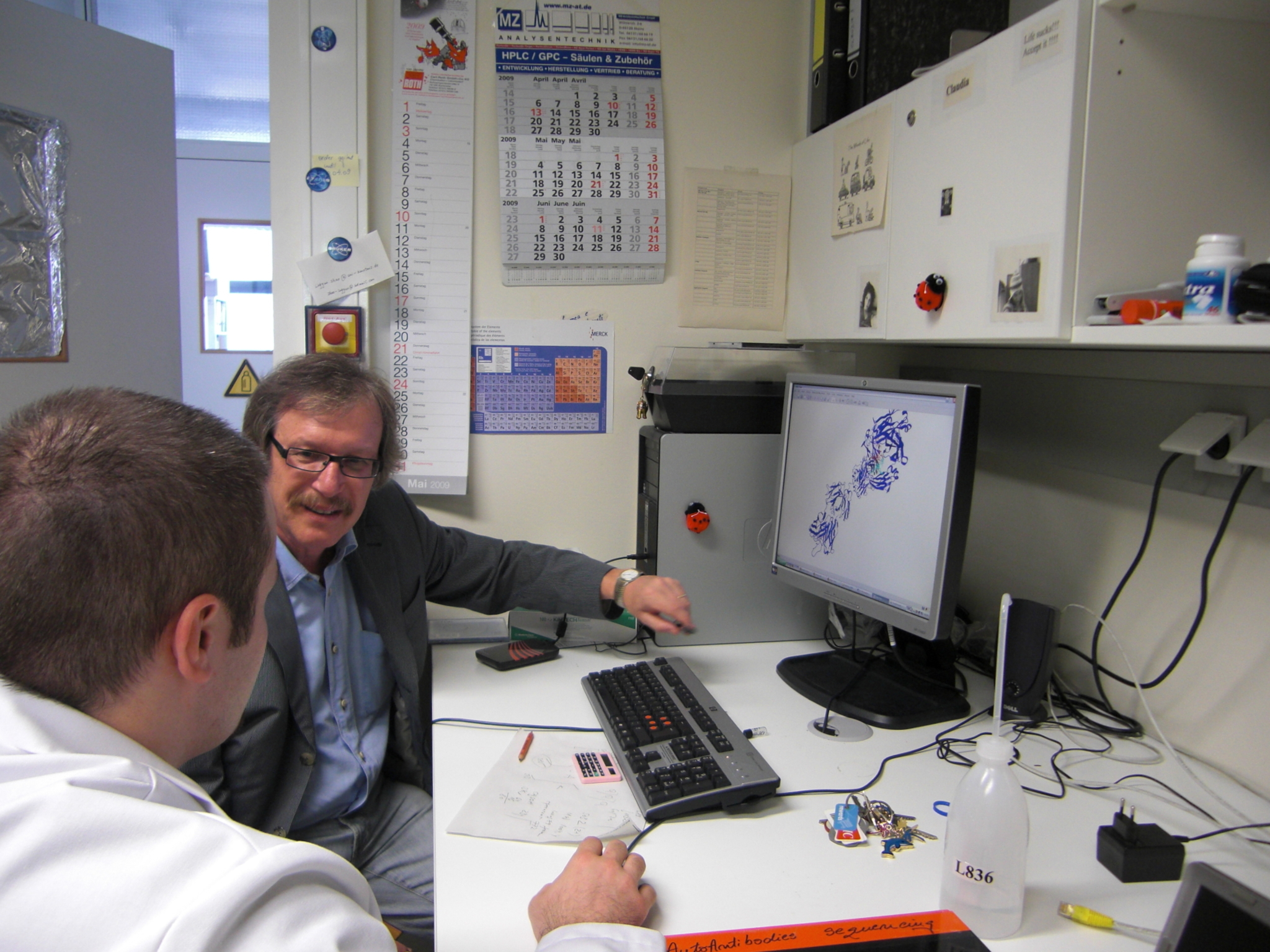 Prof. Michael Przybylski and one of his colleagues in the office, looking at a virtual antibody model.