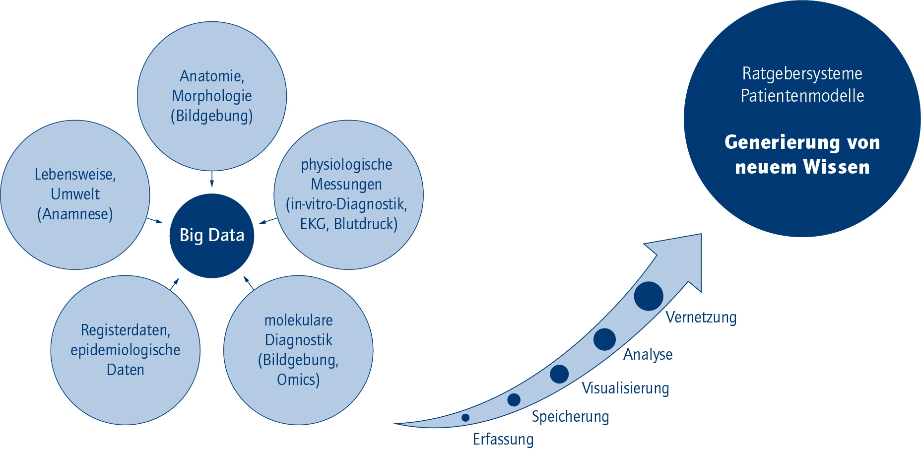 The diagram shows where big data is produced in the healthcare sector: during anamnesis, in registries, laboratory examinations and diagnostics. This data needs to be acquired, stored, visualised, analysed and combined in order for knowledge to be created