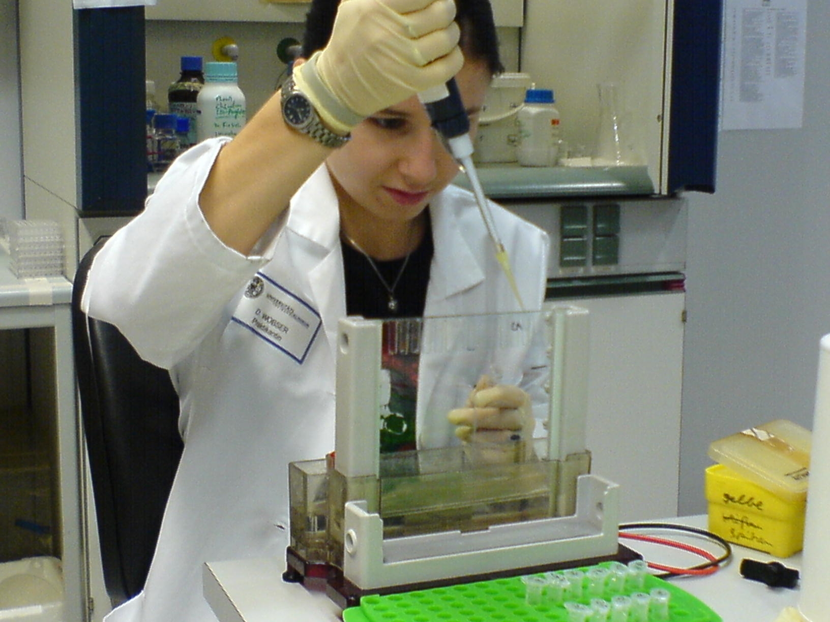 Eine Frau mit einem Laborkittel pipettiert an einer Gelkammer.