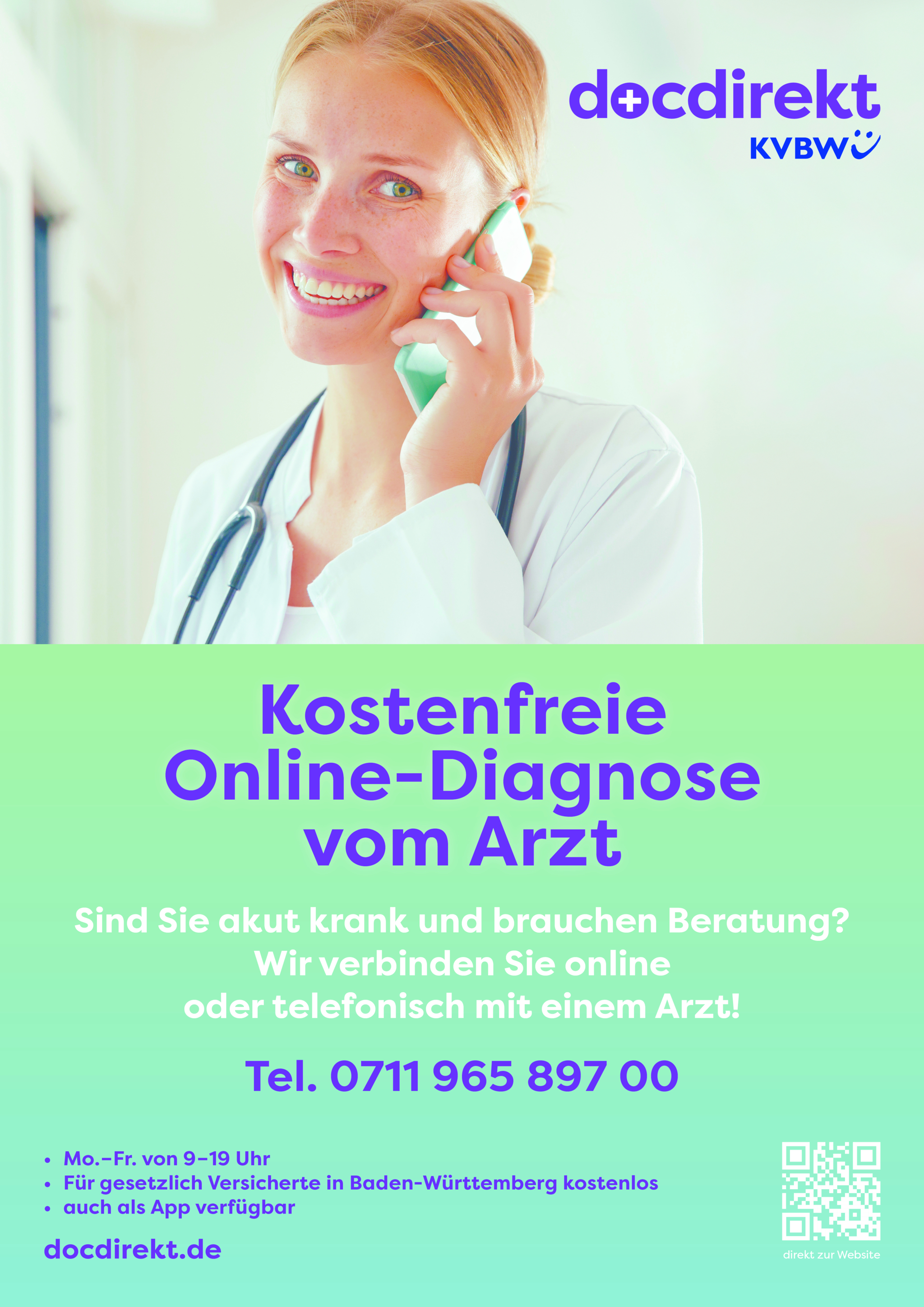Docdirekt poster showing a doctor on the phone.