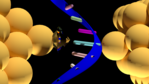 Per Computer gezeichnetes Bild von Goldmolekülen, an die ein Diamantoid und ein DNA-Molekül gebunden sind.