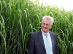 Ministerpräsident Winfried Kretschmann steht auf dem Freigelände der Universität Hohenheim an einem Versuchsfeld für nachwachsende Rohstoffe neben Miscanthus-Gras.