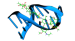 Die Grafik zeigt schematisch die molekulare Struktur von Calicheamicin und den Zielort des Enzyms, die DNA, die ebenfalls schematisch dargestellt ist. Abb: HQS Quantum Simulations