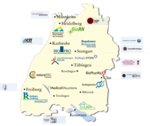 Map of Baden-Württemberg, showing the logos of the state's bioregions and clusters. <br />