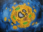 Artistic presentation of an apoptotic cell – painted by the Yale University student, Alex Marzuka, who sold the picture in an auction for the benefit of bone marrow donations.